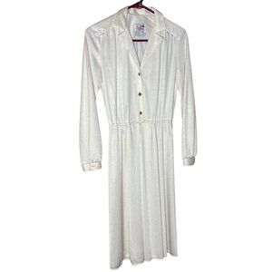 Vintage Caron Chicago Ivory Button-Down Dress With Elastic Waist & Long Sleeves